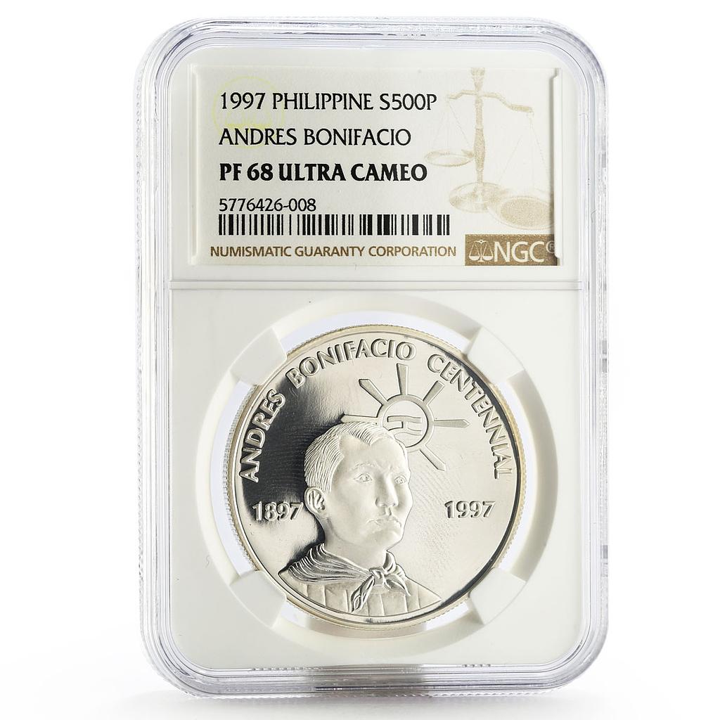 Philippines 500 piso Andres Bonifacio Centennial PF-68 NGC silver coin 1997