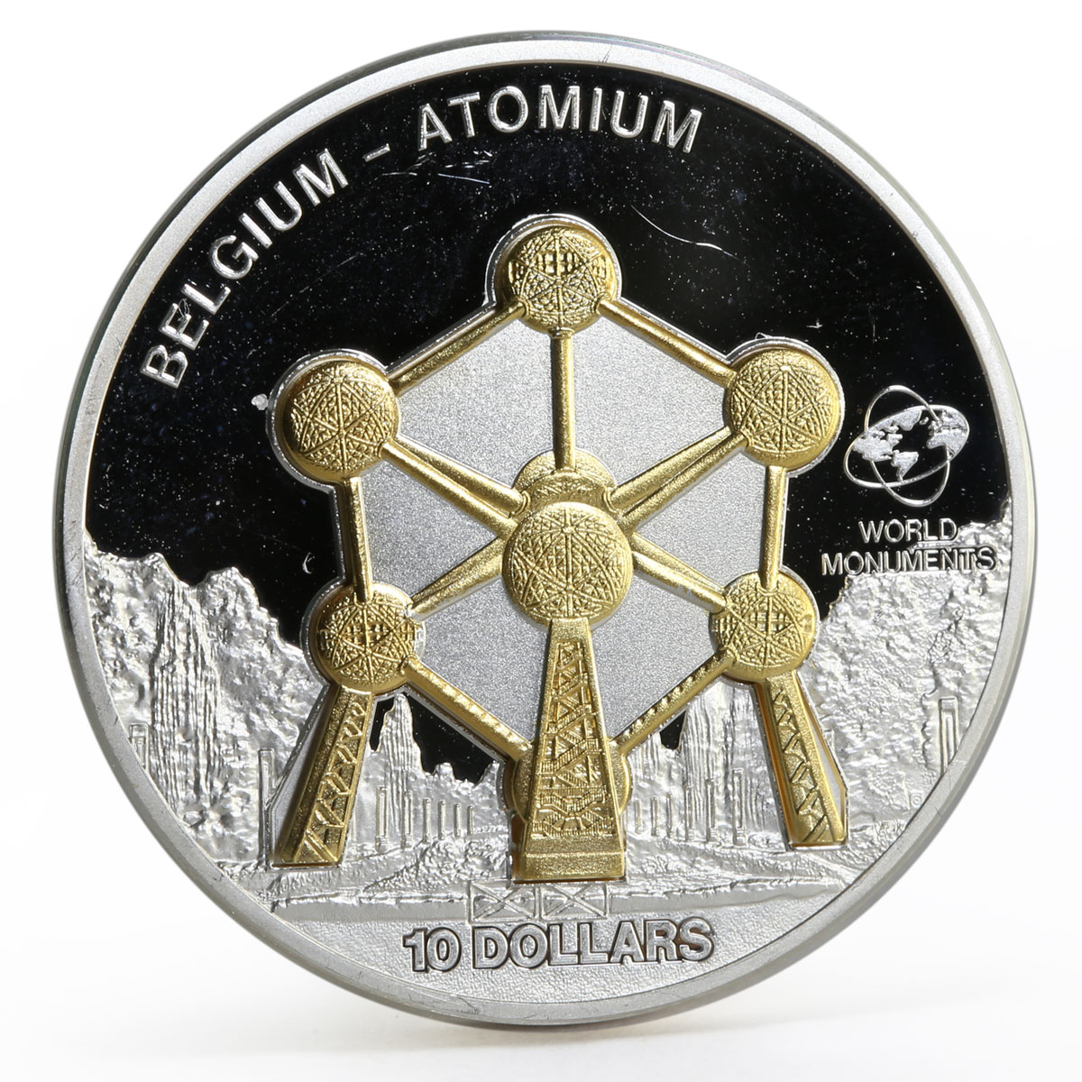 Cook Islands 10 dollars World Monuments series Belgium Atomium silver coin 2010