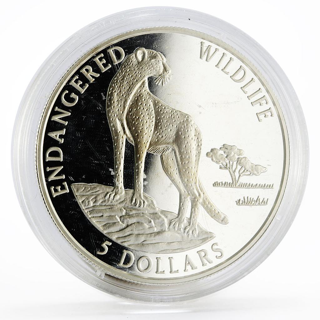 Cook Islands 5 dollars Endangered Wildlife series Gepard proof silver coin 1996