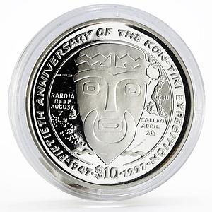 Liberia 10 dollars 50th Anniversary of The Kon Tiki Expedition silver coin 1997