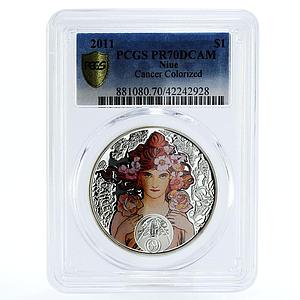 Niue 1 dollar A. Mucha Zodiac Series Cancer PR70 PCGS colored silver coin 2011