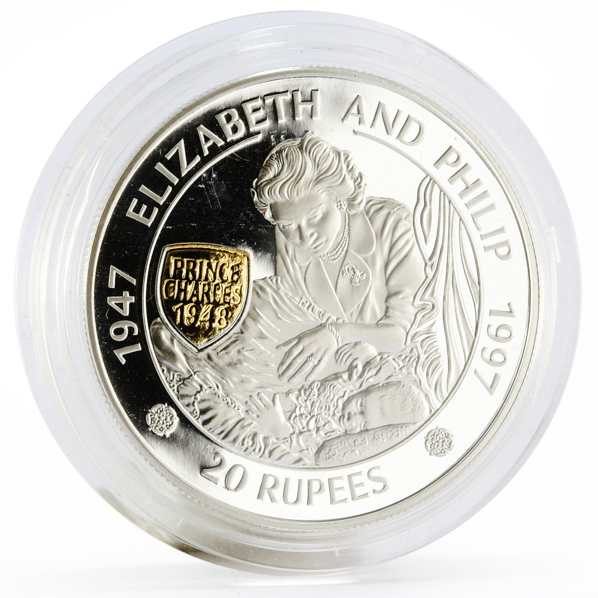 Mauritius 20 rupees 50th Birth of Prince Charles Philip proof silver coin 1997
