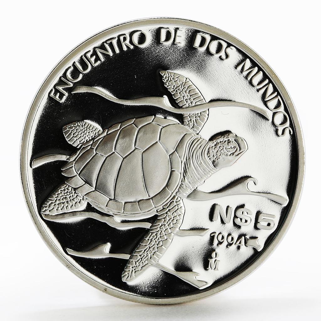 Mexico 5 pesos Pacific Ridley Sea Turtle proof silver coin 1994