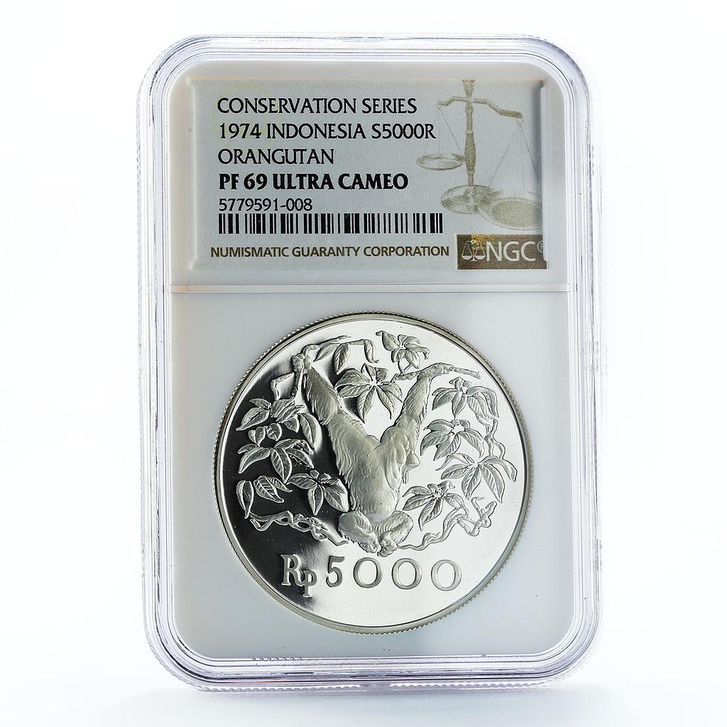Indonesia 5000 rupiah Animal series Orangutan PF69 NGC silver coin 1974