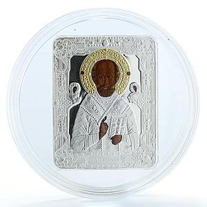 Cook Islands 5 dollars Russian Icons St. Nicholas silver proof crystal coin 2010