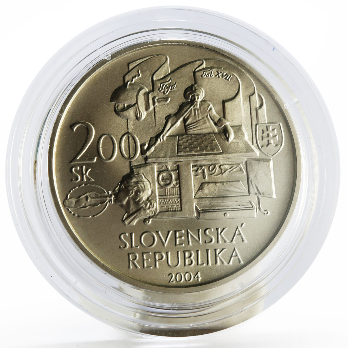 Slovakia 200 korun Inventor Wolfgang Kempelen and Chess Machine silver coin 2004