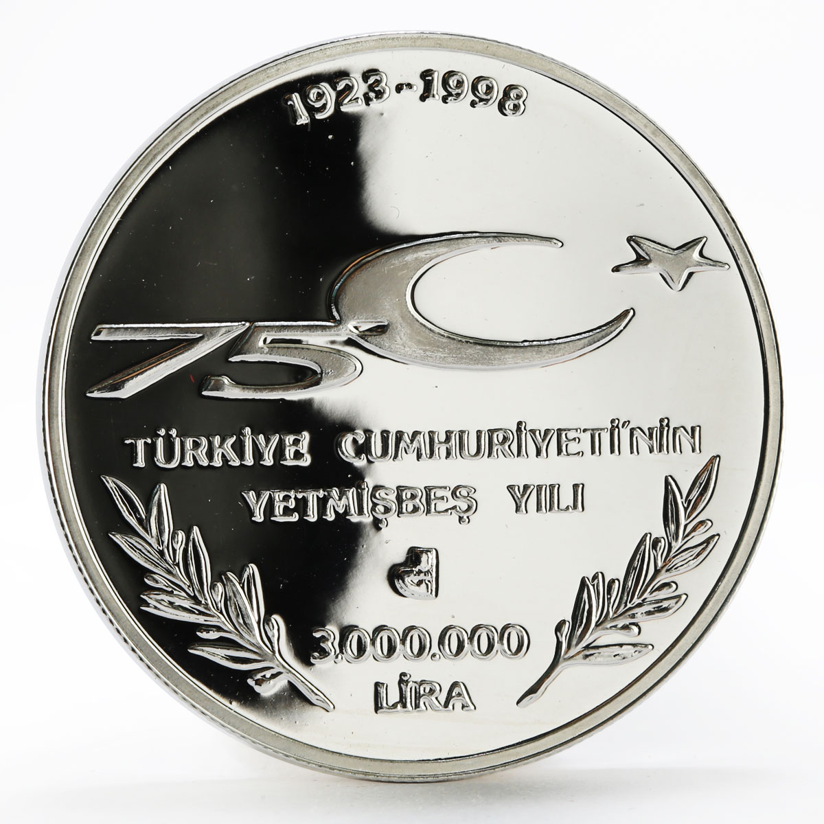 Turkey 3000000 lira 75th Years of the Republic State The People silver coin 1998