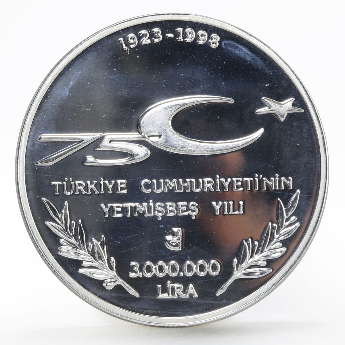 Turkey 3000000 lira 75th Years of the Republic State The People silver coin 1998