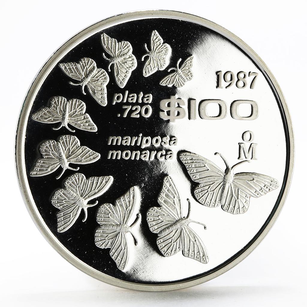 Mexico 100 pesos Monarch Butterflies Fauna proof silver coin 1987