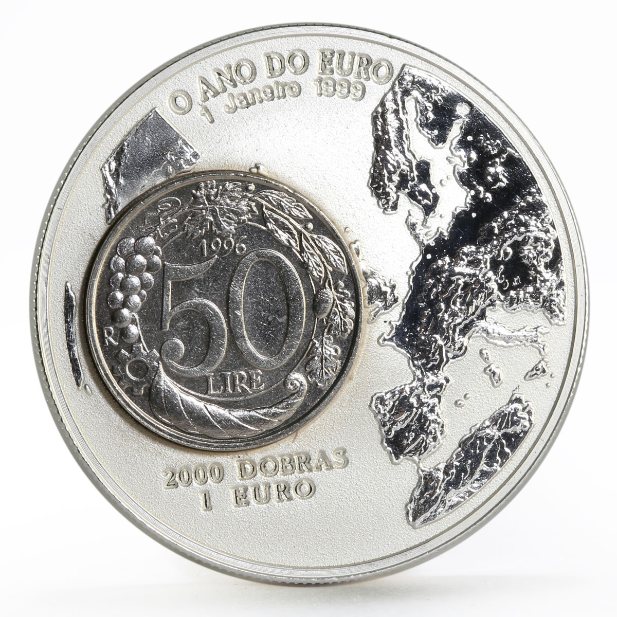 Sao Tome and Principe 2000 dobras Year of the Euro 50 Lira bimetal coin 1999