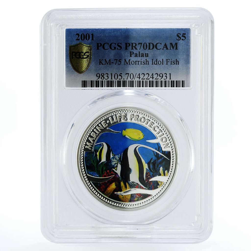 Palau 5 dollars Marine Life series Moorish-Idol Fish PR70 PCGS silver coin 2001