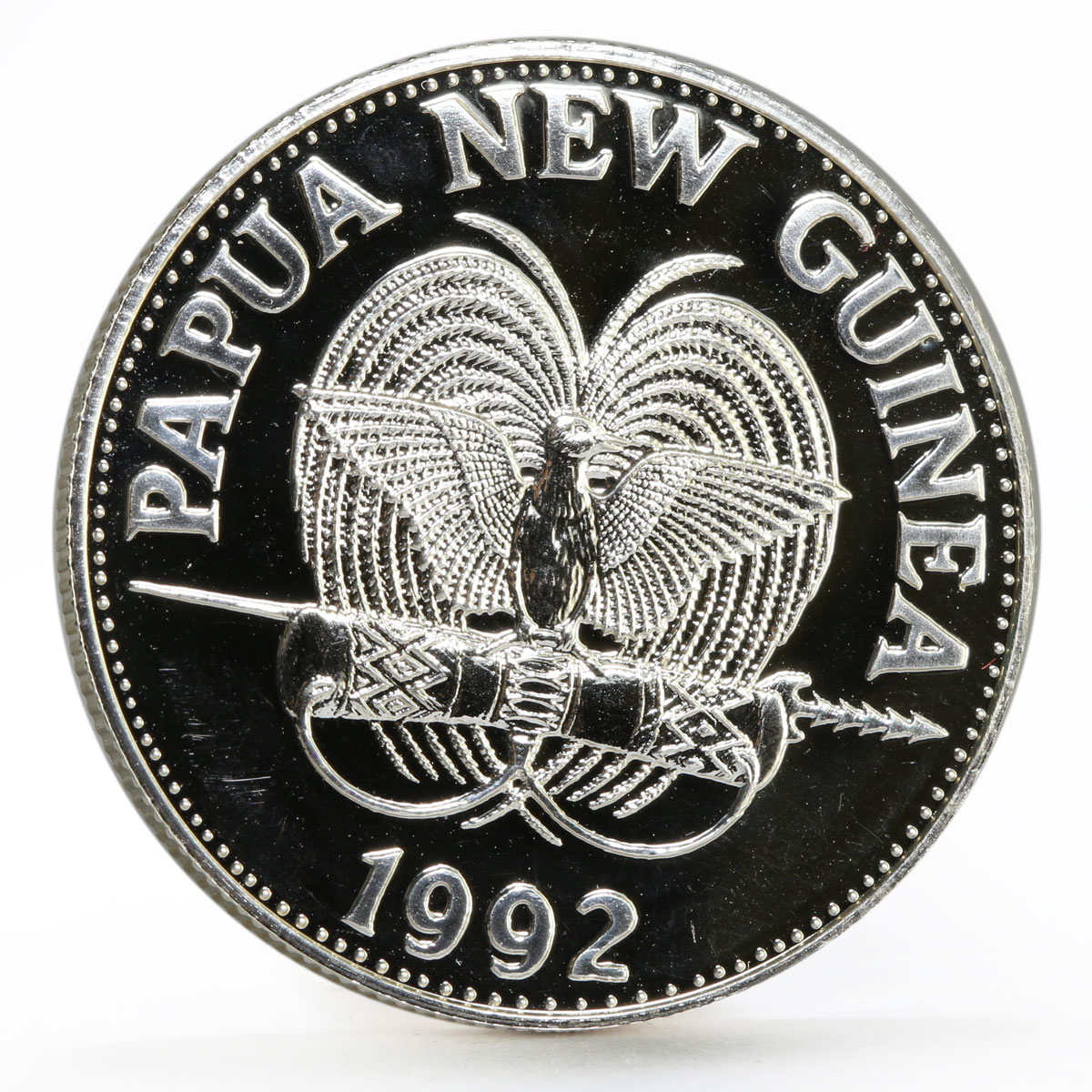 Papua New Guinea 5 kina National Emblem Queen Butterfly proof silver coin 1992