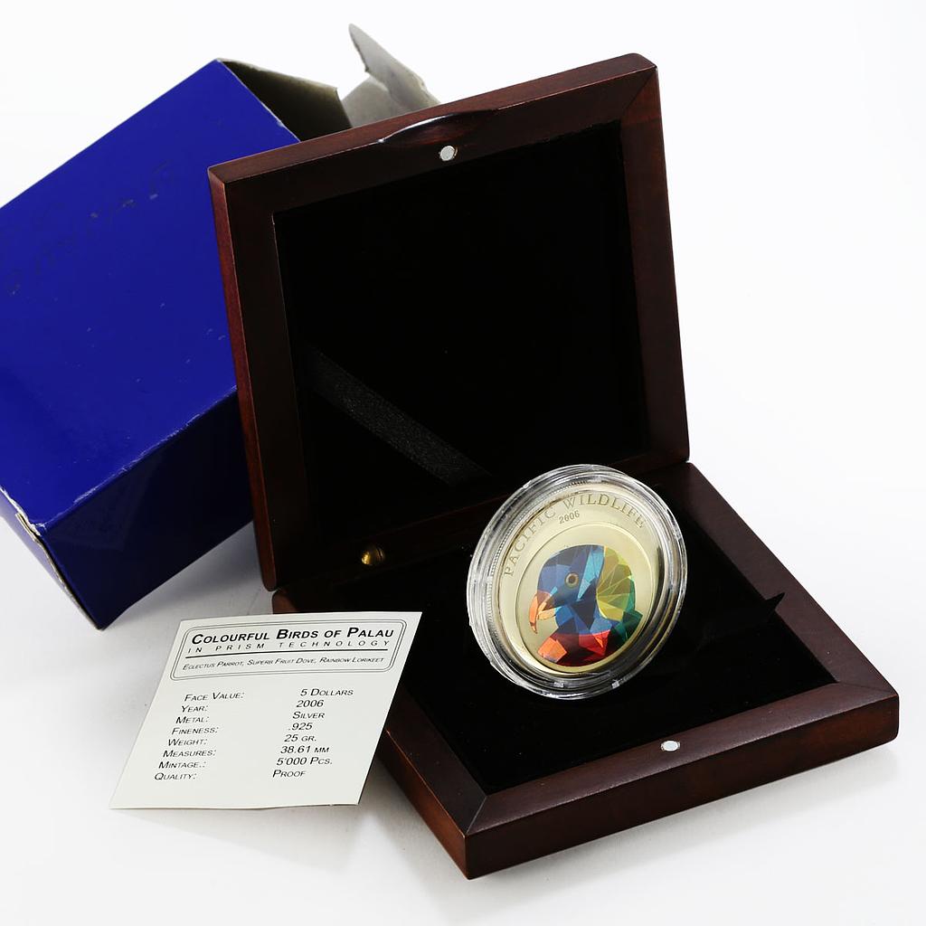 Palau 5 dollars Pacific Wildlife series Rainbow Lorikeet Bird silver coin 2006