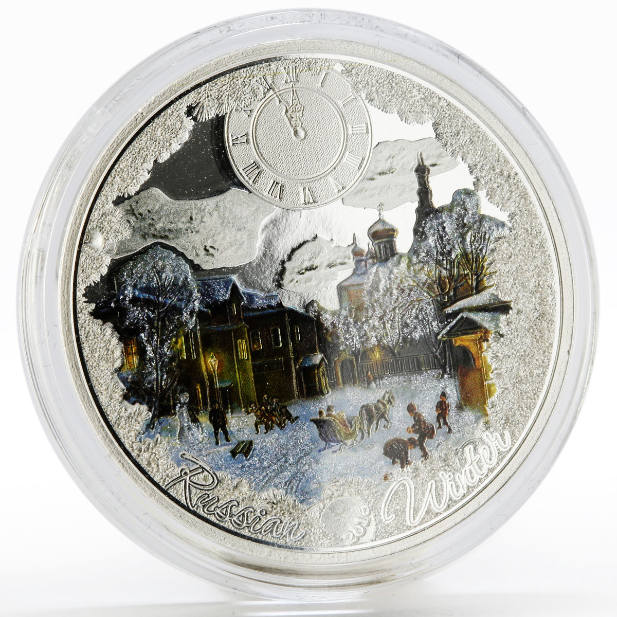 Congo 1000 francs Russian Winter Clock colored proof silver coin 2016