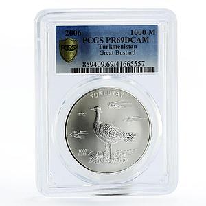 Turkmenistan 1000 manat Big Bustard PR69 PCGS silver coin 2006