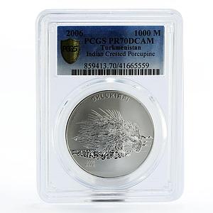 Turkmenistan 1000 manat Endangered Wildlife Porcupine PR70 PCGS silver coin 2006