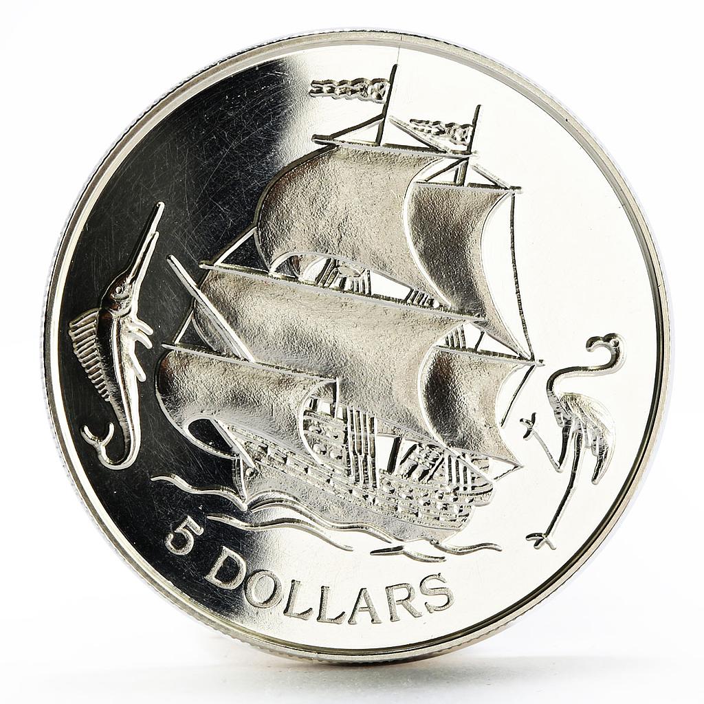 Bahamas 5 dollars Sailing Ship Flamingo and Marlin proof silver coin 1993