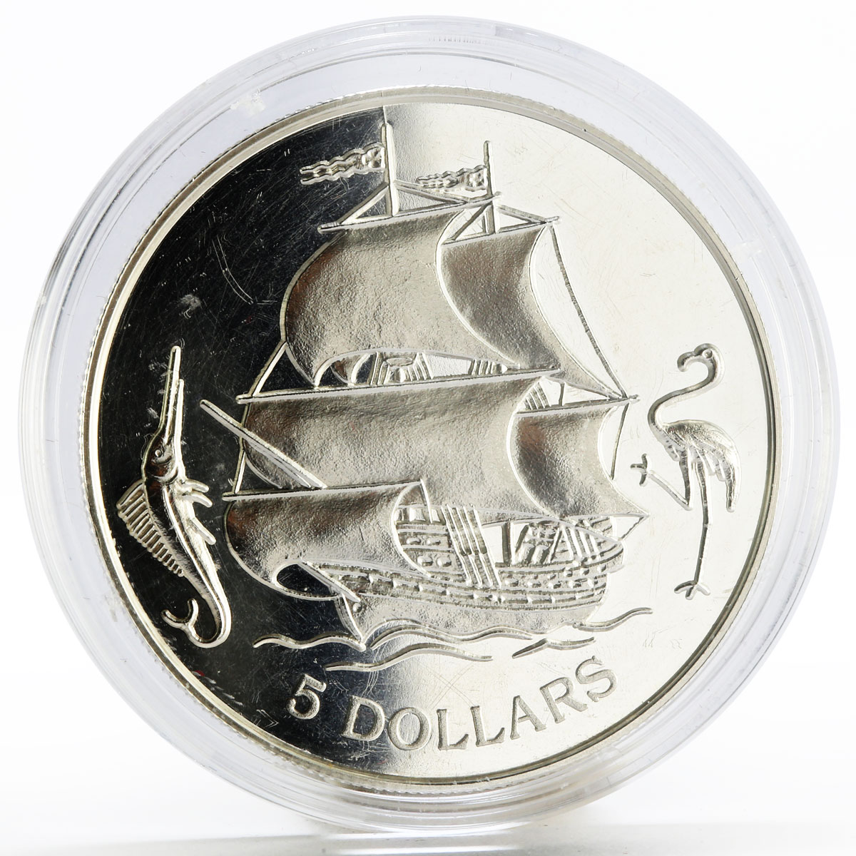 Bahamas 5 dollars Sailing Ship Flamingo and Marlin proof silver coin 1993