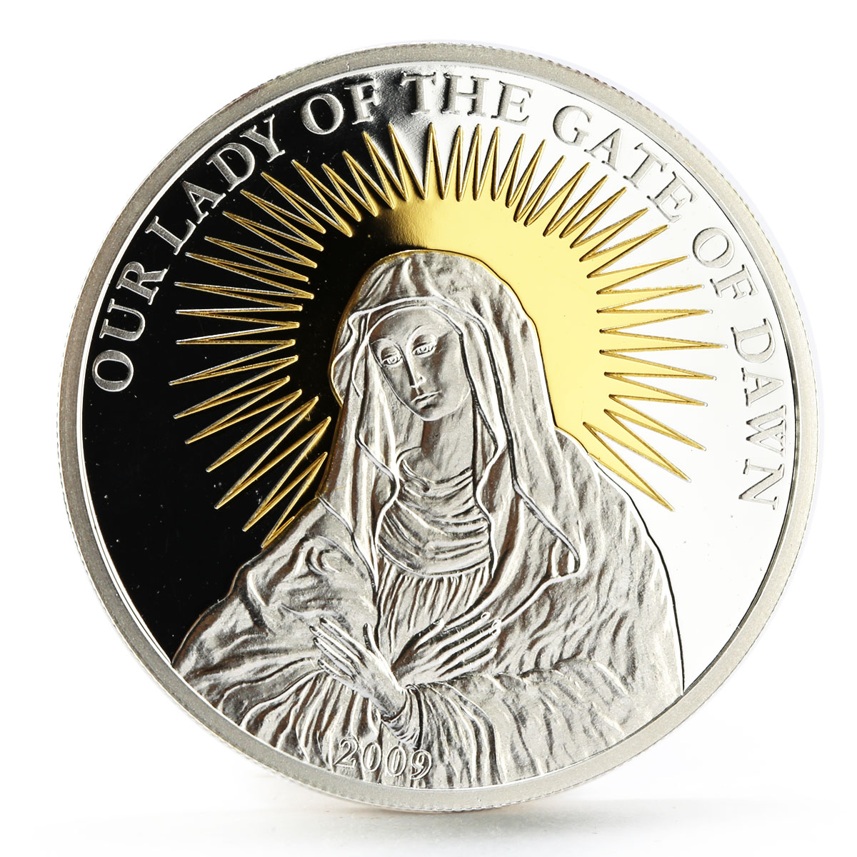 Palau 5 dollars Our Lady of the Gate of Dawn Icon gilded proof silver coin 2009