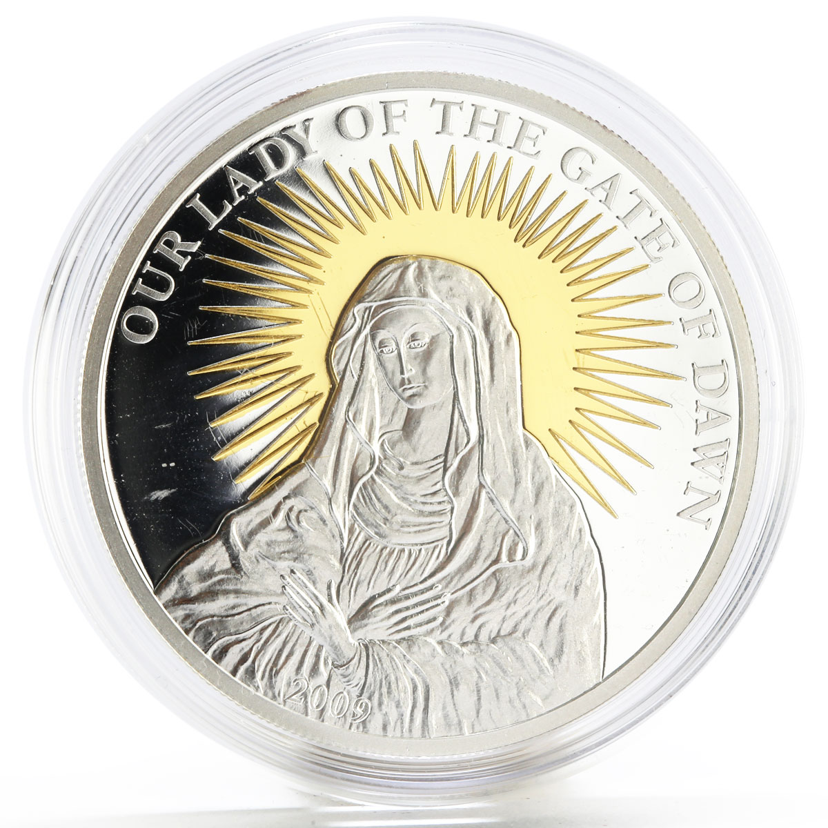 Palau 5 dollars Our Lady of the Gate of Dawn Icon gilded proof silver coin 2009