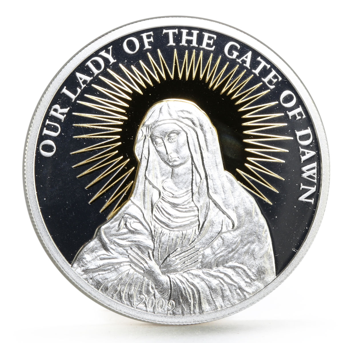 Palau 5 dollars Our Lady of the Gate of Dawn Icon gilded proof silver coin 2009