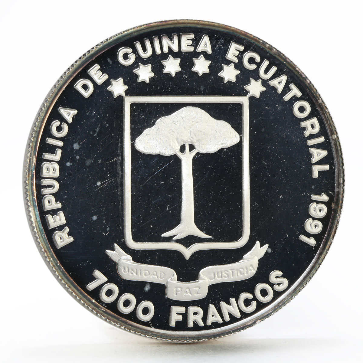 Equatorial Guinea 7000 francos Discovery of America Ship proof silver coin 1992