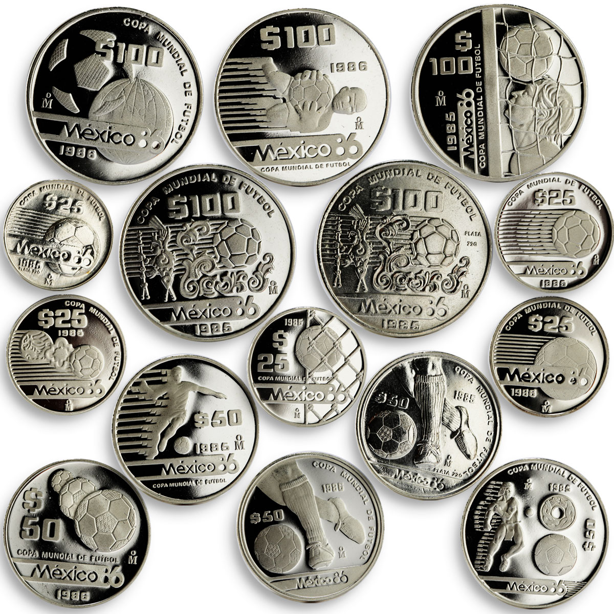 Mexico set of 15 coins Football World Cup 1986 silver coins 1985 - 1986