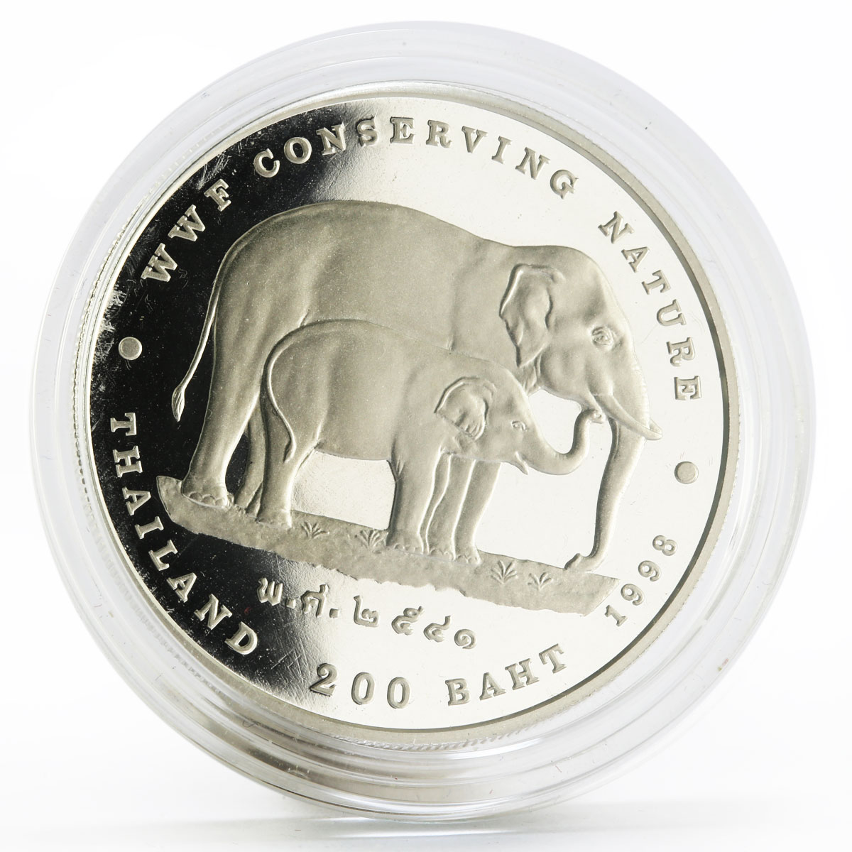 Thailand 200 baht WWF Conserving Nature series The Elephants silver coin 1998