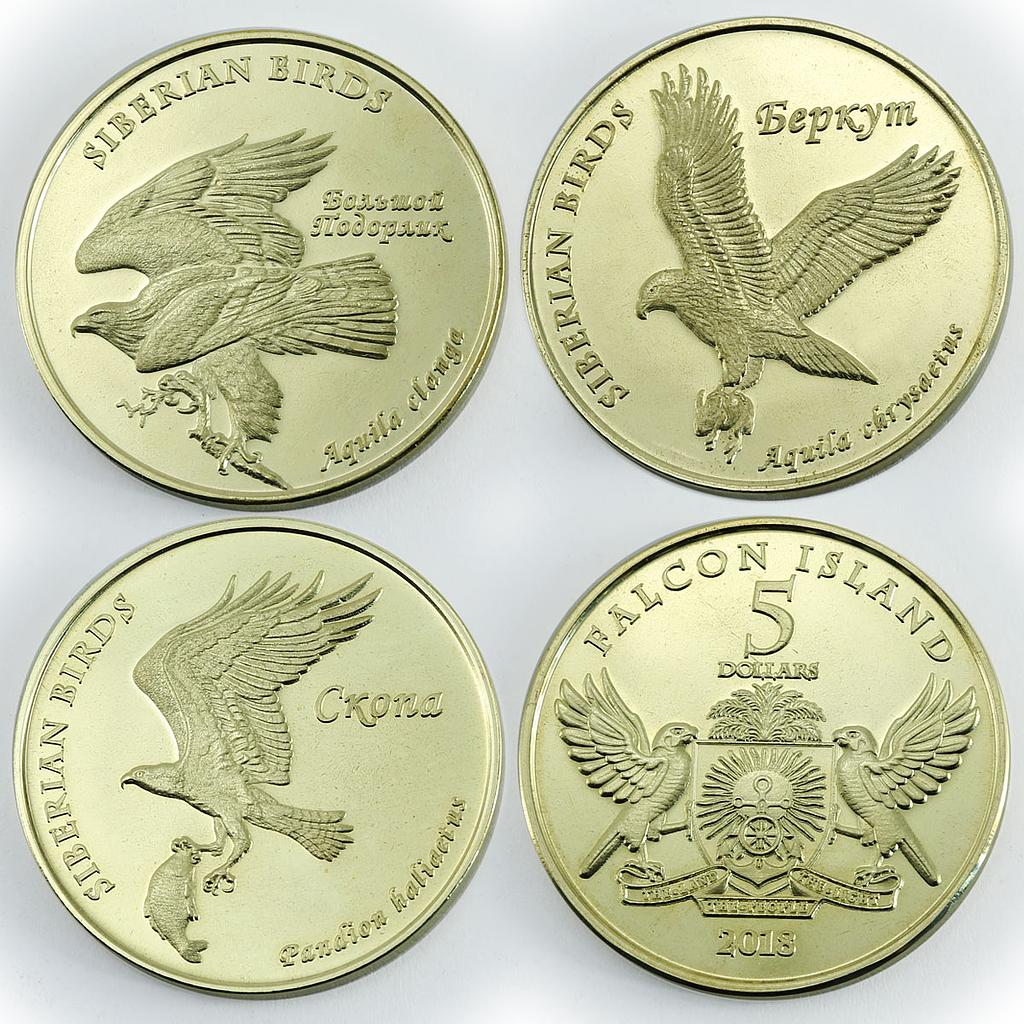 Falcon Island 5 dollars set of 3 coins Siberian Birds 2018