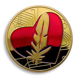 Feather Coin, Red Heart Love, Gold Plated, Token