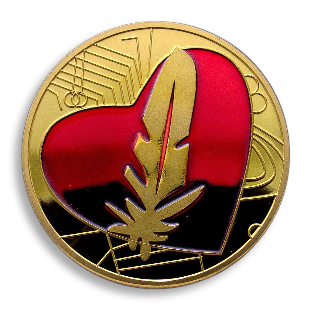 Feather Coin, Red Heart Love, Gold Plated, Token