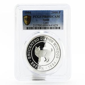 Spain 2000 pesetas Ibero American series Spanish Lynx PR69 PCGS silver coin 1994