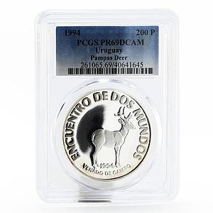 Uruguay 200 pesos Ibero American series Pampas Deer PR69 PCGS silver coin 1994
