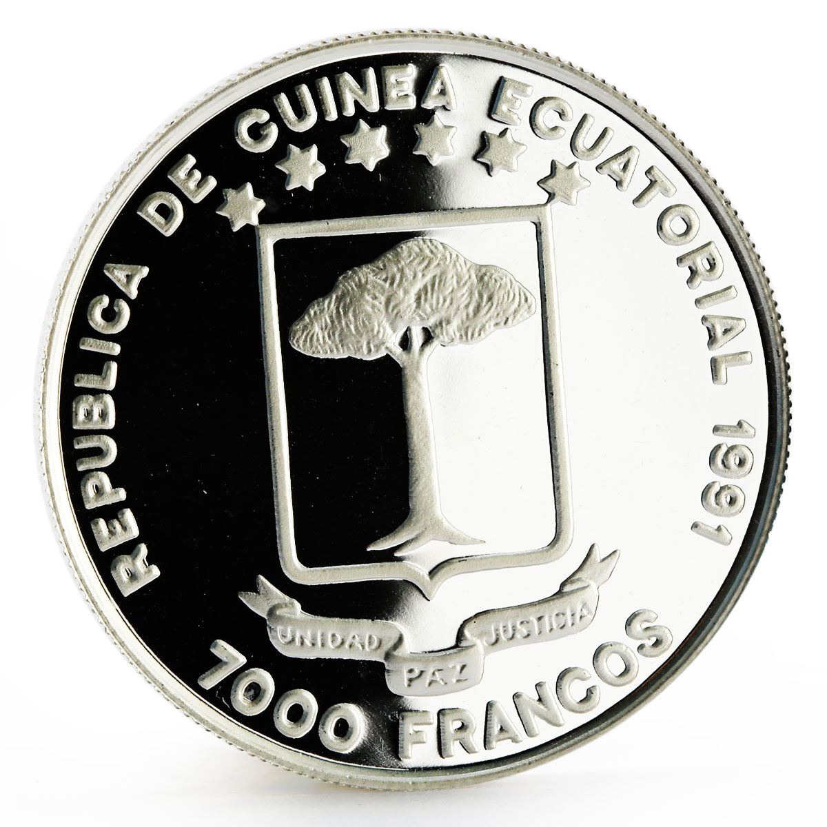 Equatorial Guinea 7000 francs Discovery of America Ship proof silver coin 1992