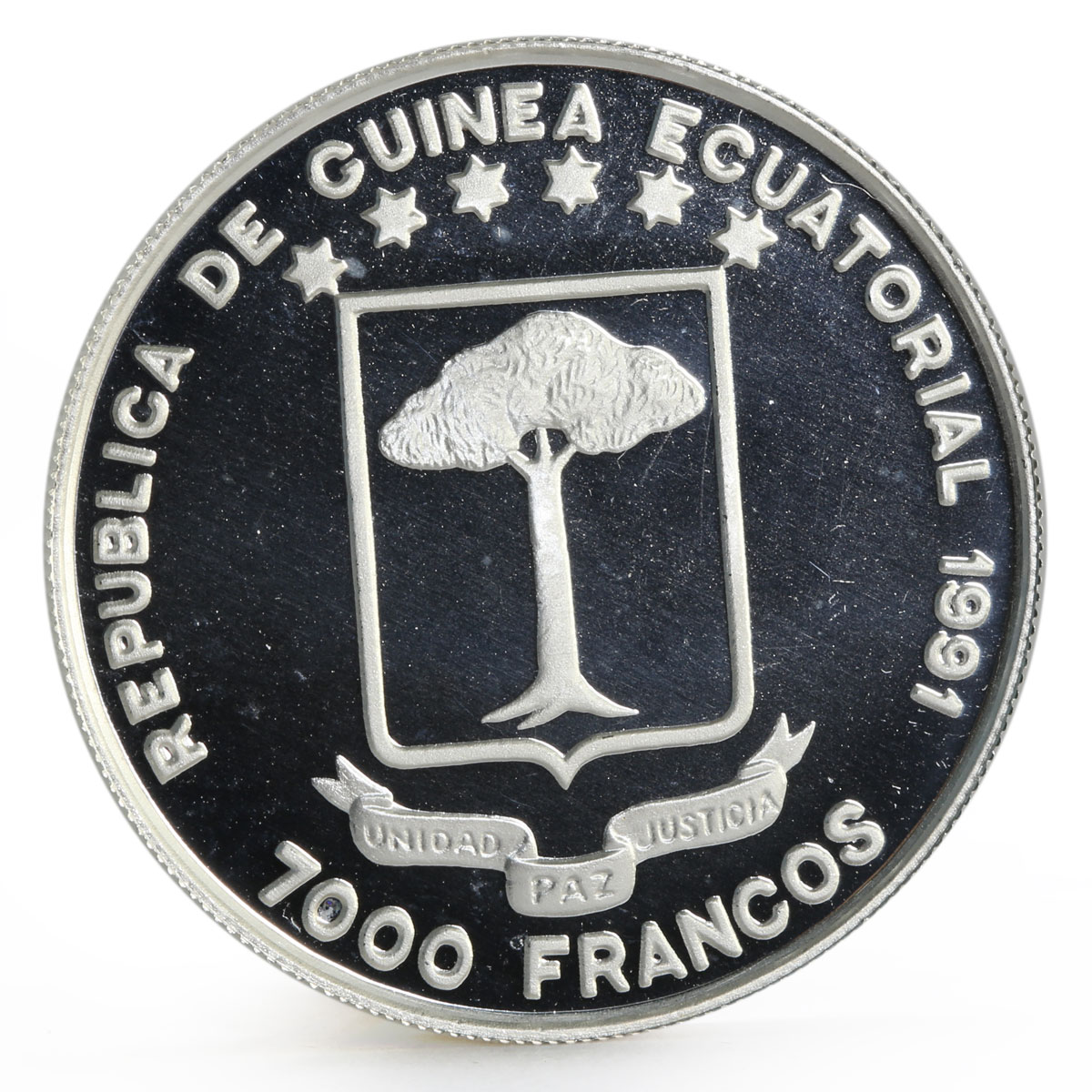 Equatorial Guinea 7000 francs Discovery of America Ship proof silver coin 1992