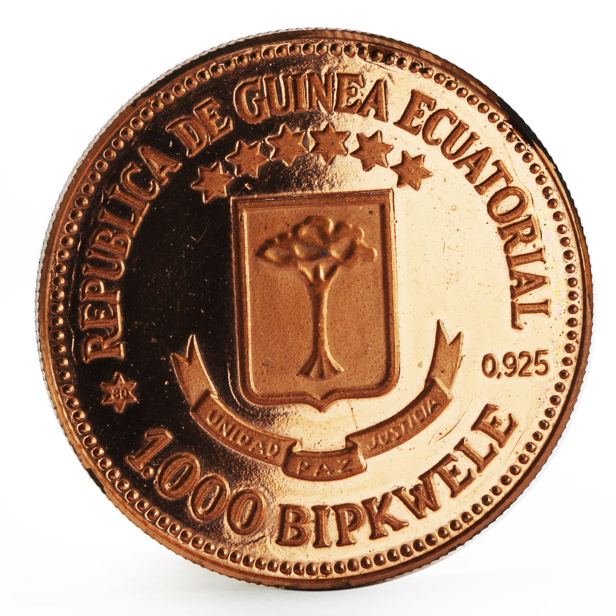 Equatorial Guinea 1000 bipkwele Prueba proof copper coin 1978