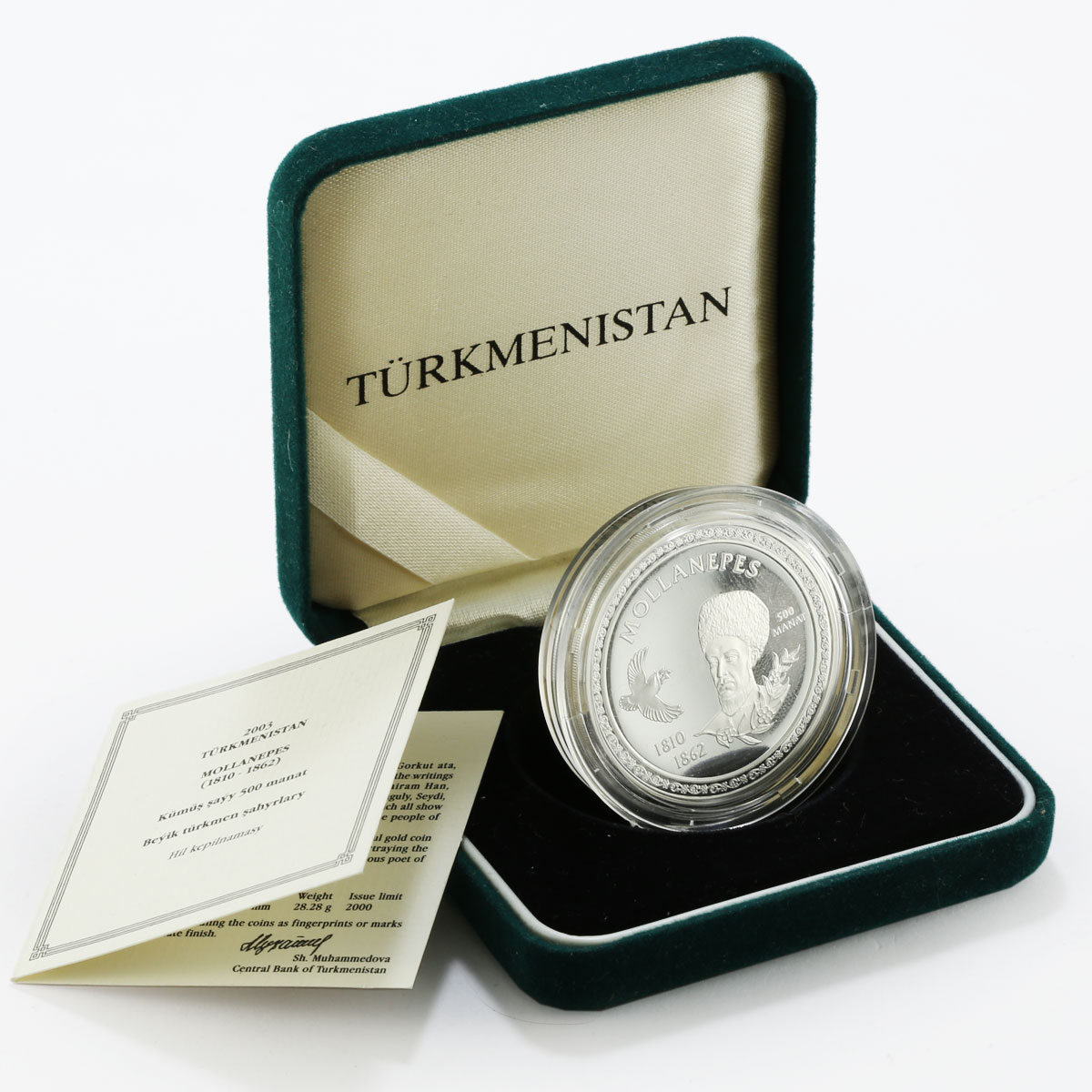 Turkmenistan 500 manat Great Turkmen Poet Mollanepes proof silver coin 2003