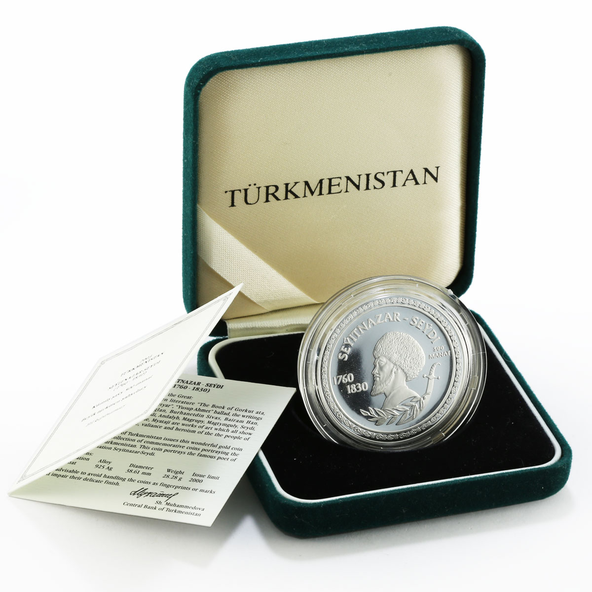 Turkmenistan 500 manat Great Turkmen Poet Seyitnazar proof silver coin 2003