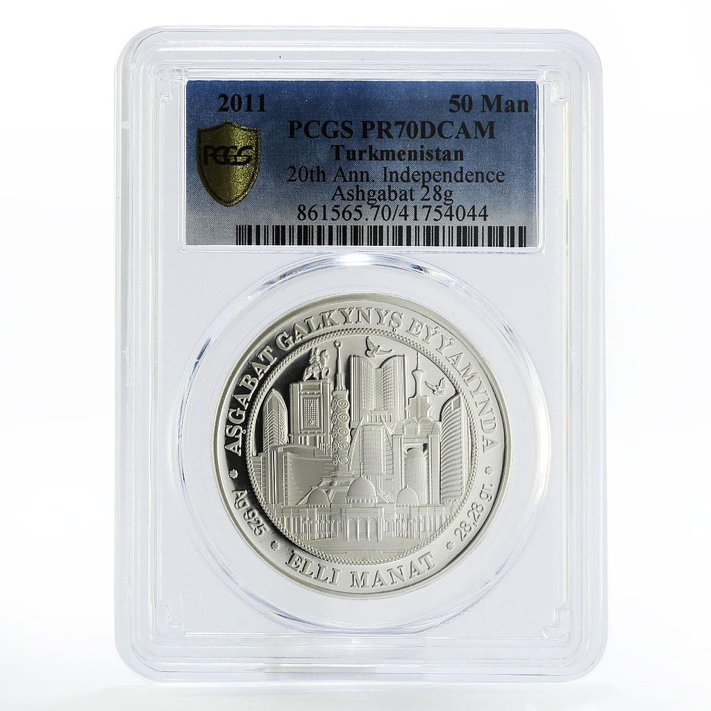 Turkmenistan 50 manat 20th Anniversary Idependence PR70 PCGS silver coin 2011