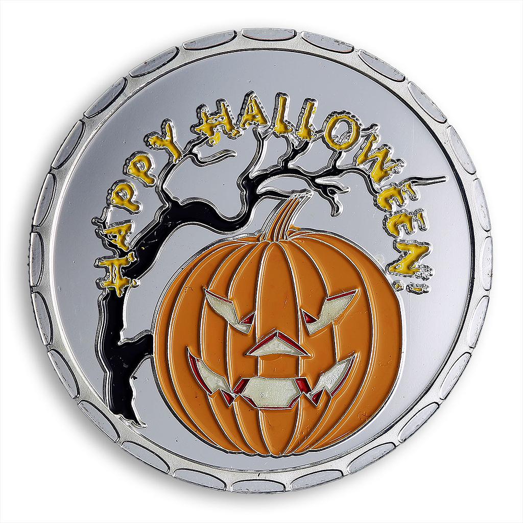 Fine Happy Halloween, Pumpkin, Colored silver plated souvenir token coin 40 mm