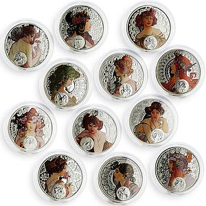 Niue set of 12 coins Zodiac Signs by Mucha colored silver coins 2010 - 2011