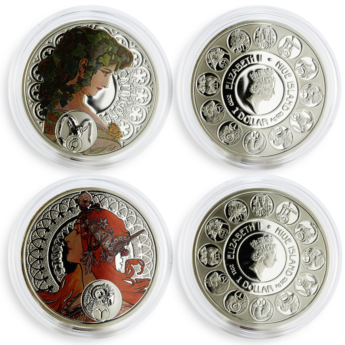 Niue set of 12 coins Zodiac Signs by A. Mucha colored silver coins 2010 - 2011