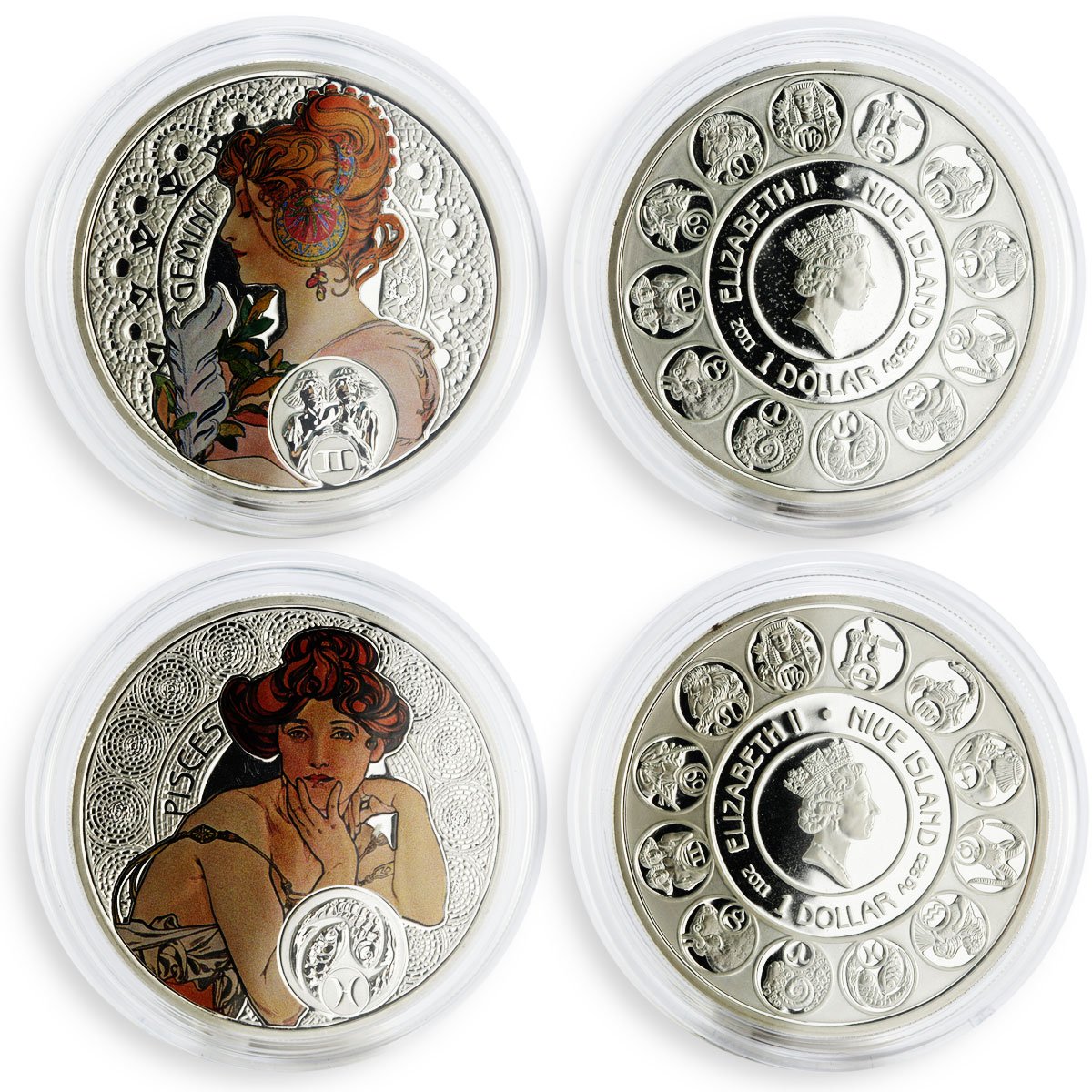 Niue set of 12 coins Zodiac Signs by A. Mucha colored silver coins 2010 - 2011