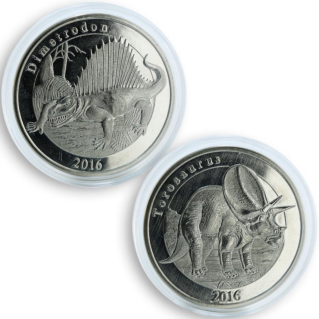 France Mayotte 1 franc set of 2 coins Dinosaurs Dimetrodon Torosaurus 2016