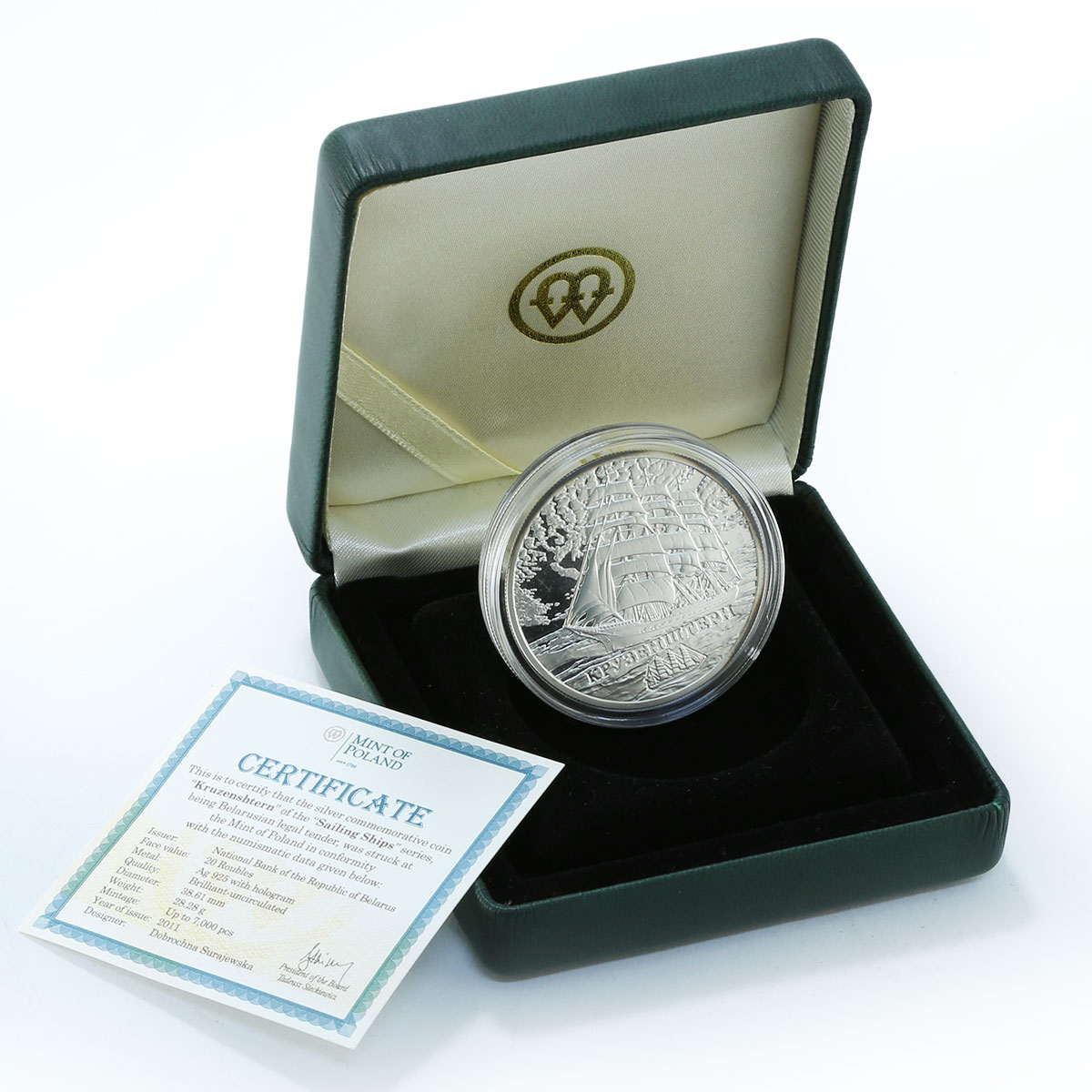 Belarus 20 roubles Kruzenstern Sailing Ships hologram silver coin 2011