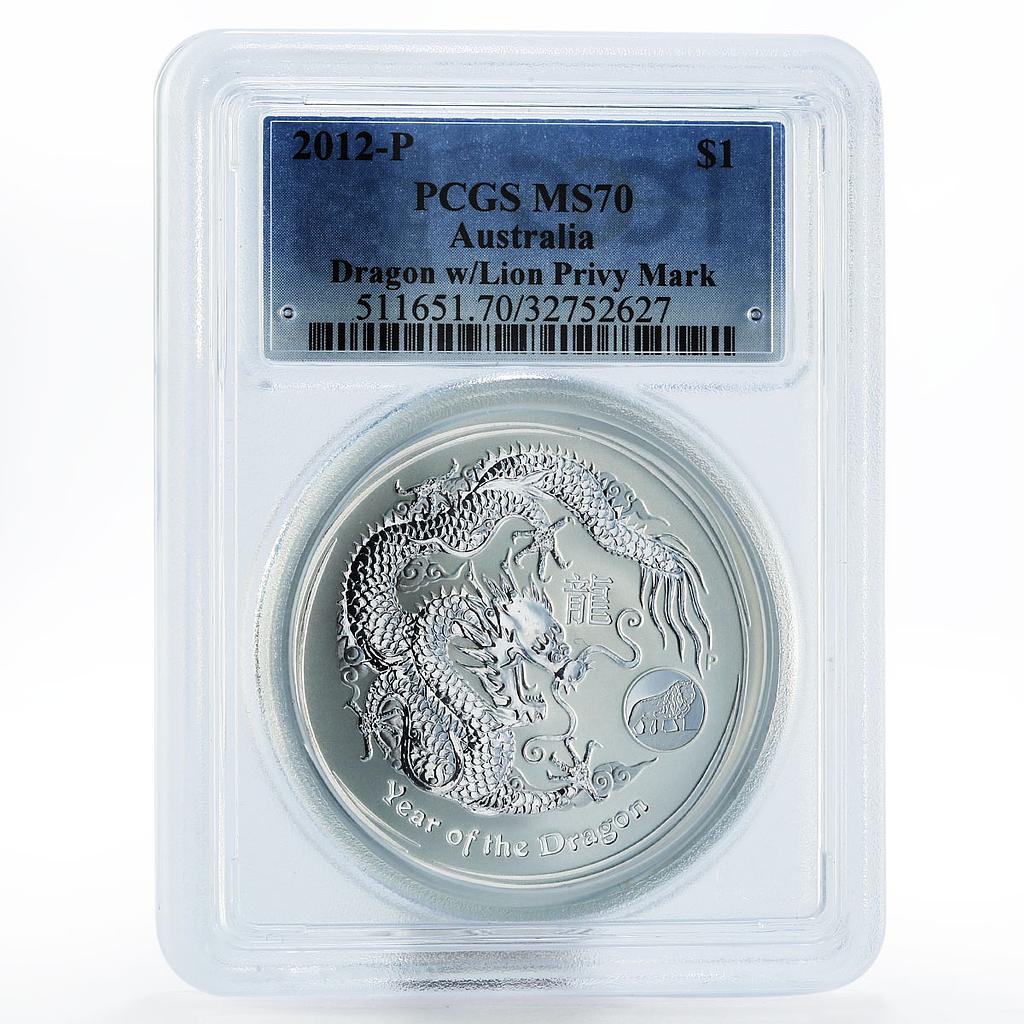 Australia 1 dollar Year of the Dragon with Lion Mark MS70 PCGS silver coin 2012