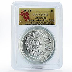 Australia 1 dollar Year of the Dragon with Lion Mark MS70 PCGS silver coin 2012