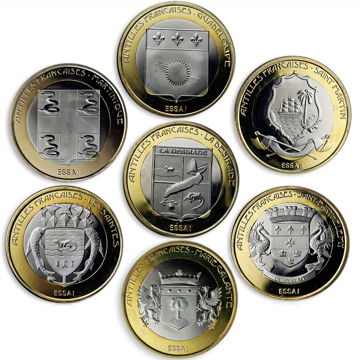 French Antilles 10 francs West Indies Caribbean islands set of seven coins 2015