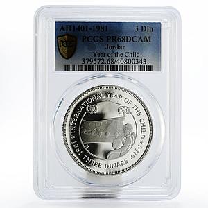 Jordan 3 dinars International Year of the Child PR68 PCGS silver coin 1981
