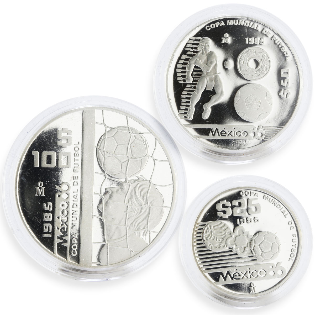 Mexico set of 3 coins Football World Cup 1986 proof silver coins 1985